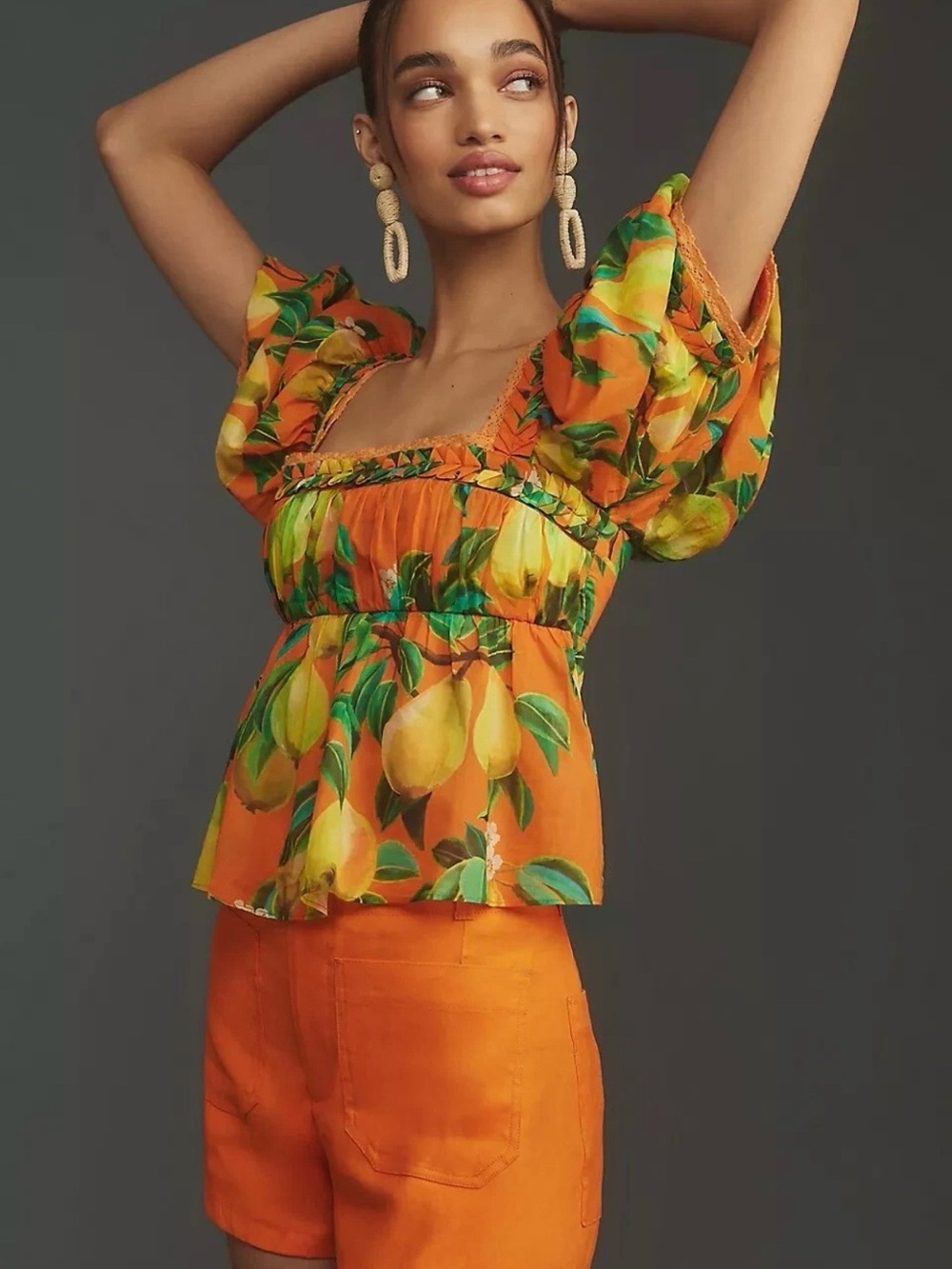 Farm Rio Orange Pear-Print Puff-Sleeve Women's Top